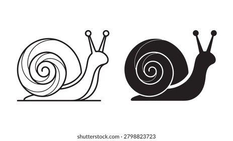 A minimalist vector illustration of a snail in both outline and solid silhouette forms.
