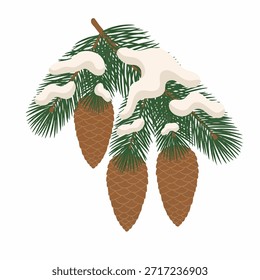 A minimalist vector illustration of a snow-covered pine branch with pinecones