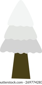 Minimalist vector illustration of a snowy pine tree with layered white and gray foliage and a brown trunk. Simple flat design representing a winter or Christmas tree covered in snow.