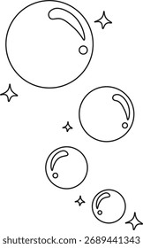 Minimalist vector illustration of soap bubbles with shiny sparkles in a clean black outline style.