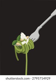 A minimalist vector illustration of spaghetti with green pesto sauce, basil, pine nuts, and parmesan cheese twirled on a fork against a black background.