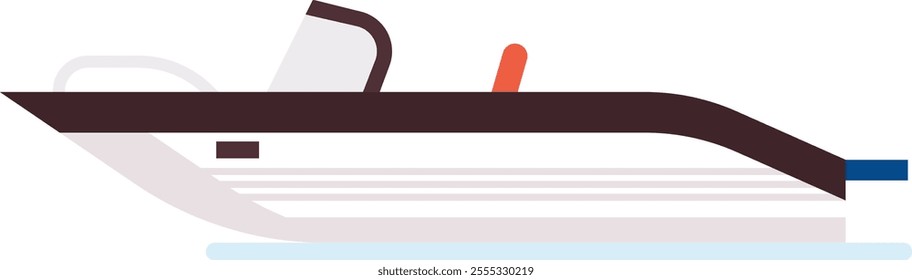 Minimalist vector illustration of a speedboat sailing on water, featuring a windshield, red buoy, and dark hull, ideal for representing concepts of leisure, travel, and marine transport