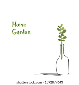 Minimalist vector illustration of spring home plant in vase or bottle with "Home Garden"text.Watercolor Technics.Spring gardening concept.