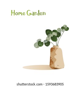 Minimalist vector illustration of spring home plant,silver dollar eucalyptus in clay vest with "Home Garden"text.Watercolor Technics.Spring gardening concept.
