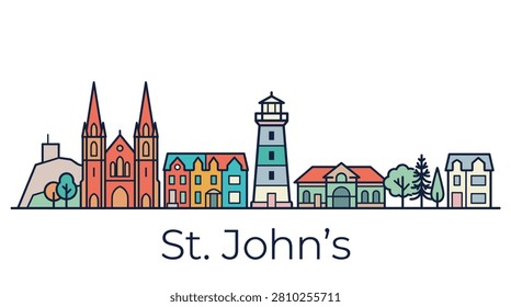 A minimalist vector illustration of St John's skyline featuring iconic landmarks such as the basilica, colorful houses, and lighthouse on a clean white background.