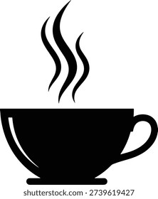 A minimalist vector illustration of a steaming cup of coffee in a simple black silhouette, created using modern line art techniques. The design is perfect for use as an icon, logo, or graphic element in various digital and print applications, such as advertising, editorial, and branding projects.