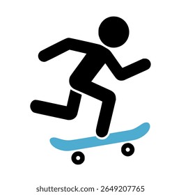 Minimalist vector illustration of a stick figure riding a skateboard, depicted in dynamic motion with a black silhouette and a light blue skateboard deck