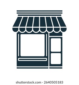 A minimalist vector illustration of a storefront with a striped awning, large window, and a small door. It's a simple, clean design suitable for various applications.