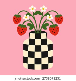 Minimalist vector illustration of strawberry sprigs and white flowers in a black and white checkerboard vase on a pink background
