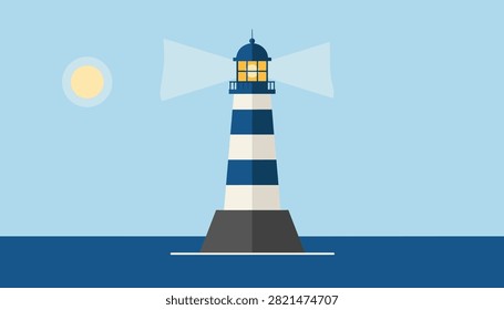 Minimalist vector illustration of a striped blue and white lighthouse standing in the ocean under a clear sky with sun.