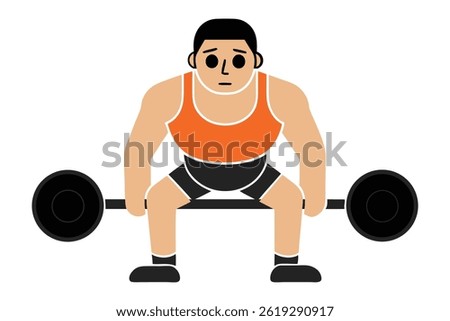  A minimalist vector illustration of a strong man performing deadlifts with free weights in a gym interior. High contrast, clean design on a white background, perfect for fitness and workout themes.