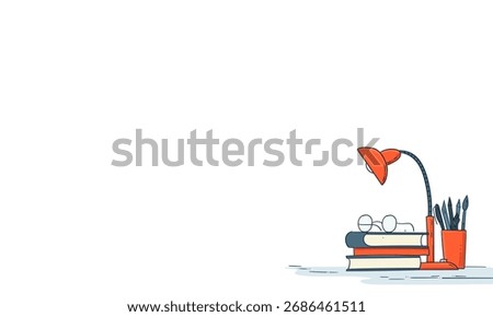 A minimalist vector illustration of a study desk with a stack of books, a lamp, and a pencil holder. Perfect for education, work, and reading-themed projects, websites, and banners.