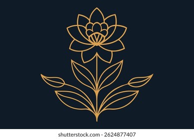Minimalist vector illustration of a stylized flower with a gold outline on a dark blue background. The flower has a large, central bloom with multiple petals, and a smaller, more intricate flower .
