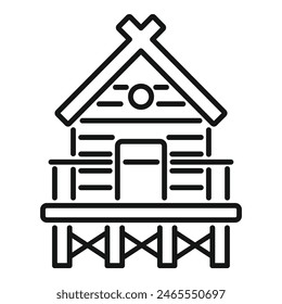 Ilustración vectorial minimalista de un icono estilizado de cabaña de troncos en blanco y negro, que representa una casa sencilla, rústica y ecológica en un entorno rural y salvaje