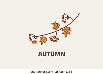 Ilustración vectorial minimalista de una rama de serbal estilizada con bayas maduras y hojas marrones, que simboliza la temporada de otoño, con la palabra otoño escrita a continuación