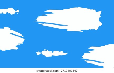 Ilustración vectorial minimalista de nubes blancas estilizadas que flotan sobre un fondo azul brillante sólido del cielo. Este gráfico de diseño limpio y plano es perfecto para pronósticos de Clima, paisajes de dibujos animados, encabezados de Sitio web y fondos creativos para contenido educativo para niños.