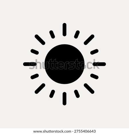 Minimalist vector illustration of a sun icon. Black circular center with radiating lines on a white background, symbolizing brightness and warmth.
