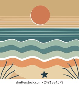 Minimalist vector illustration of a sunset beach scene. Features a large orange sun setting over calm ocean waves with shades of blue and green. Sandy shore with simple foliage and a starfish add to t