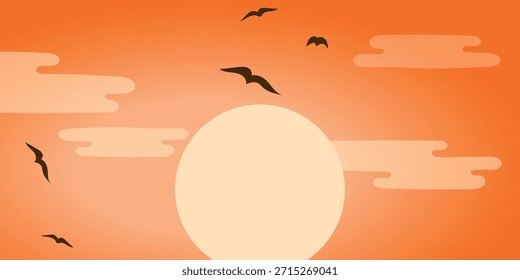 Ilustración vectorial minimalista del atardecer (o amanecer) en tonos naranjas.