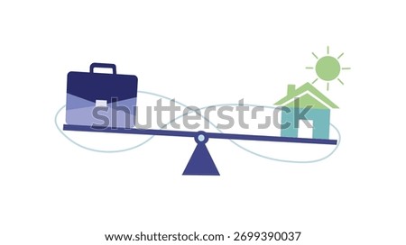 Minimalist vector illustration symbolizing work life balance A briefcase and a small house are perfectly balanced on a seesaw representing equilibrium and harmony