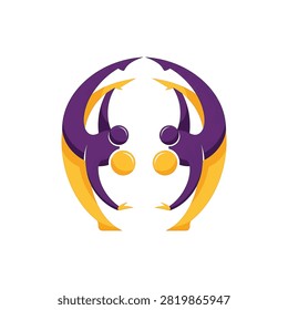 Minimalist vector illustration of symmetrical abstract human figures in purple and orange, performing an acrobatic or dance movement in a circular formation on a white background.