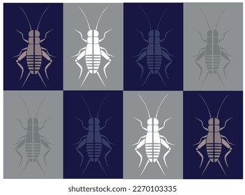 Minimalist vector illustration of symmetrical crickets, edible insects in beige and navy blue. Suitable for modern designs like logos and branding. Simple and elegant. 