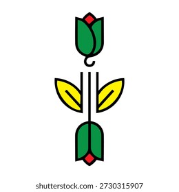 Minimalist Vector Illustration of a Symmetrical Geometric Tulip Icon Featuring Upright and Inverted Green Flower Buds with Red Tips, Yellow Leaves, and Bold Black Outlines, Isolated on a White Background for Modern Floral Logos and Spring Design Concepts