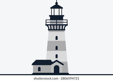 Minimalist vector illustration of a tall lighthouse tower standing on a solid base against a clean and simple background.