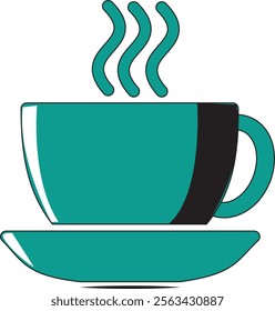 A minimalist vector illustration of a teal-colored steaming tea cup on a saucer, perfect for use in cafes, menus, advertisements, or digital projects.