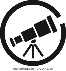Ilustração vetorial minimalista de um telescópio dentro de um quadro circular, representando astronomia, observação e exploração científica.