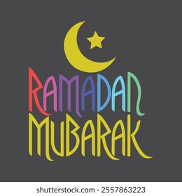 A minimalist vector illustration of the text ramadan mubarak, eid mubarak, Ramada, fasting, moon and star