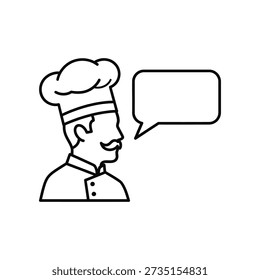Minimalist vector illustration of a thoughtful chef with a blank speech bubble, ideal for recipes, cooking tips, and culinary content.