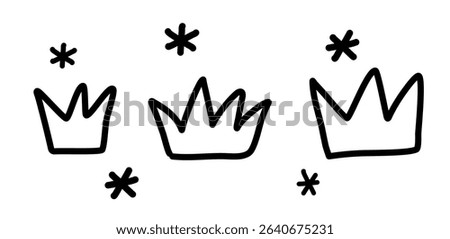 Minimalist vector illustration of three black crowns with asterisks. Simple design on a white background. Ideal for modern graphic projects and decoration.