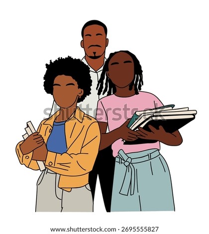 Minimalist vector illustration of three Black students standing together with books, casual clothing, smiling, clean lines, solid colors, modern cartoon style on a white background