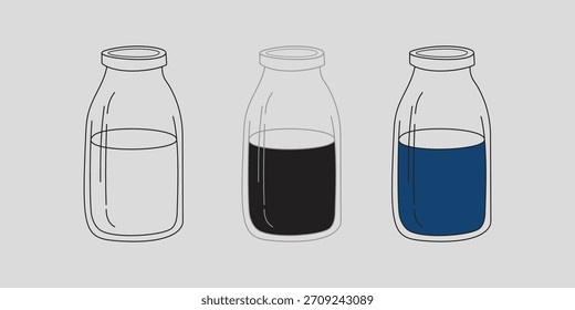 Ilustración vectorial minimalista de tres botellas con líquido blanco, negro y azul