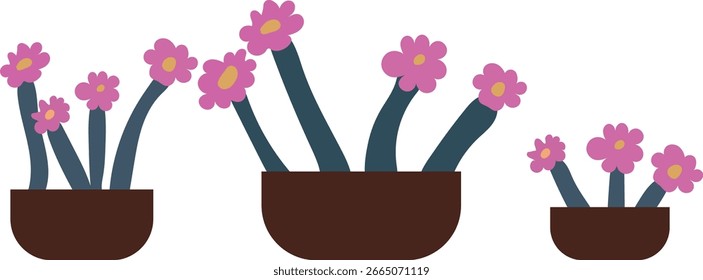 Minimalist vector illustration of three brown pots with tall stems and pink flowers, arranged in varying sizes.