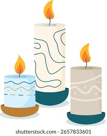 Ilustración vectorial minimalista de tres velas decorativas en tonos beige y azul