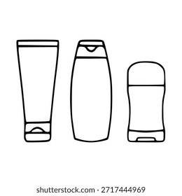 Ilustración vectorial minimalista de tres envases esenciales para el cuidado personal: un tubo, una botella de champú y un desodorante en barra, presentados en un estilo limpio y lineal.