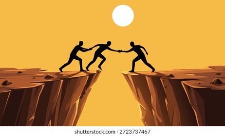 Ilustración vectorial minimalista de tres siluetas humanas que colaboran para cruzar un profundo abismo entre acantilados rocosos bajo un sol brillante. El escenario representa el trabajo en equipo, la Asistencia y la superación de los desafíos comerciales a través de la colaboración.
