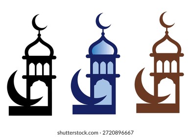 Ilustración vectorial minimalista de tres minaretes con símbolos de luna creciente, ideal para temáticas islámicas