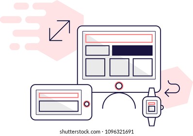 Minimalist vector illustration of three objects with screens-monitor, smart watch and tablet. Showing the responsibility of website for every device. Original set of stylish icon. Thin line flat pics.