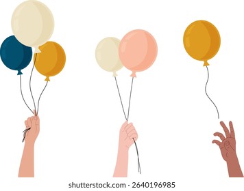 Minimalist vector illustration of three stylized hands in different colors holding or releasing colorful balloons with strings. A clean and airy design, perfect for party themes, lightness, diversity