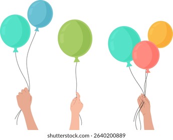 Minimalist vector illustration of three stylized hands in different colors holding or releasing colorful balloons with strings. Clean and airy design for party or joyful celebration themes.