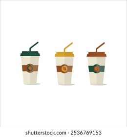 A minimalist vector illustration of three takeaway coffee cups with lids and straws in green, yellow, and brown tones. Each cup features a coffee bean logo and stands against a plain white background