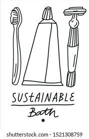 Minimalist vector illustration with toothbrush, toothpaste and steel razor. Zero waste bath kit. Sustainable living.