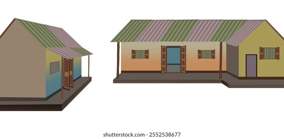 Minimalist vector illustration of traditional rural houses with metal roofs, windows, wooden door and open spaces, perfect for design and architecture projects