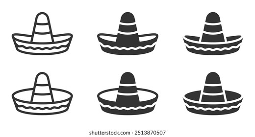 Ilustração vetorial minimalista de sombreros tradicionais em estilos de contorno e preenchidos.