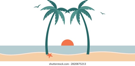 A minimalist vector illustration of a tropical beach featuring two palm trees, a setting sun over the ocean, a starfish on the sand, and birds flying.
