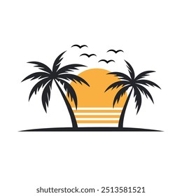 Minimalist vector illustration of a tropical sunset with palm trees silhouette.