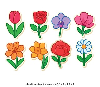 Minimalist vector illustration of tulip, rose, orchid, daisy, alstroemeria, peony, and daffodil. Soft palette, clean lines, and cute floral design — perfect for prints, decor, or packaging.